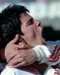 Javier Saviola festeja su gol, primero de su equipo River Plate, ante Rosario Central en Arroyito, el 15 de agosto de 1999. EL partido culmino con dos tantos contra uno a favor de River, Rosario, Santa Fe, Argentina.